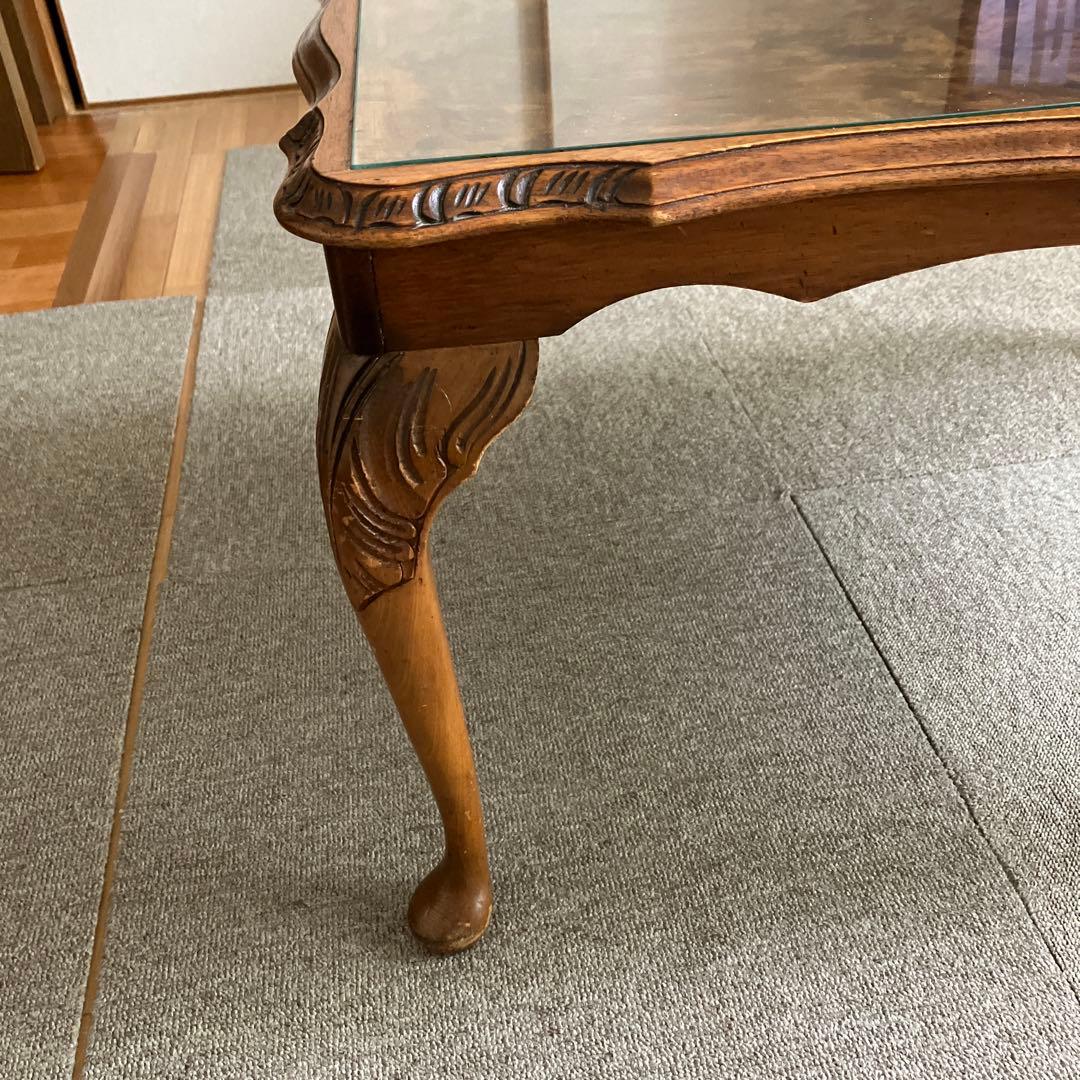 アンティークウォールナット材クラシック木製ガラス天板付き　コーヒーテーブル