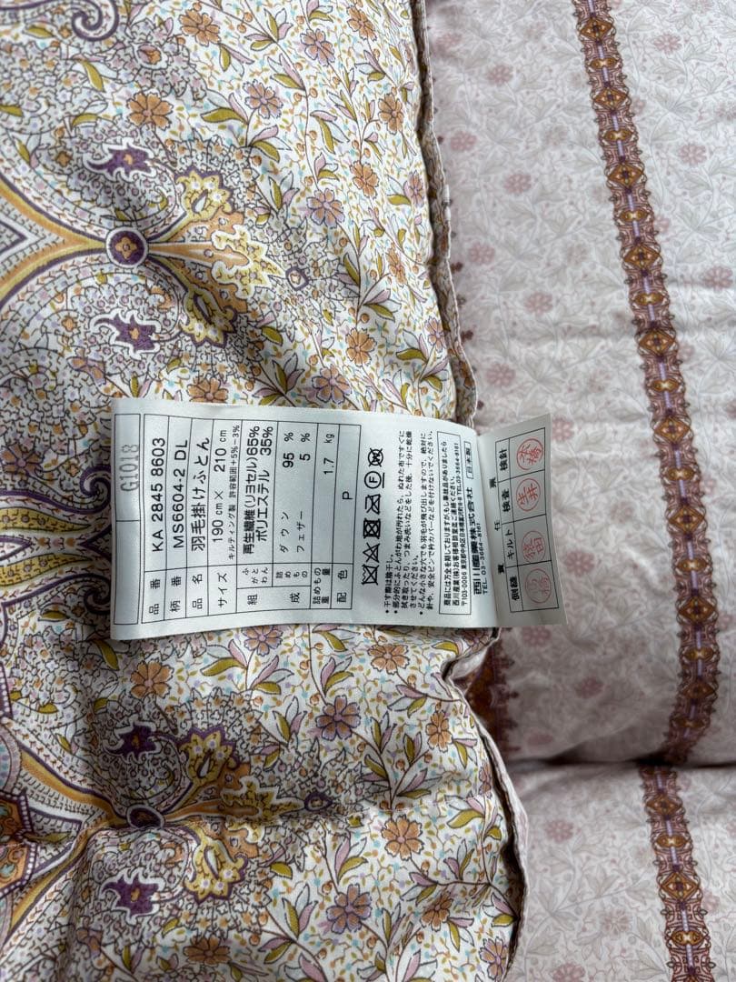 西川の高級ダブル羽毛掛け布団　 カバー付き　詰め物1.7kg 側生地はリヨセル