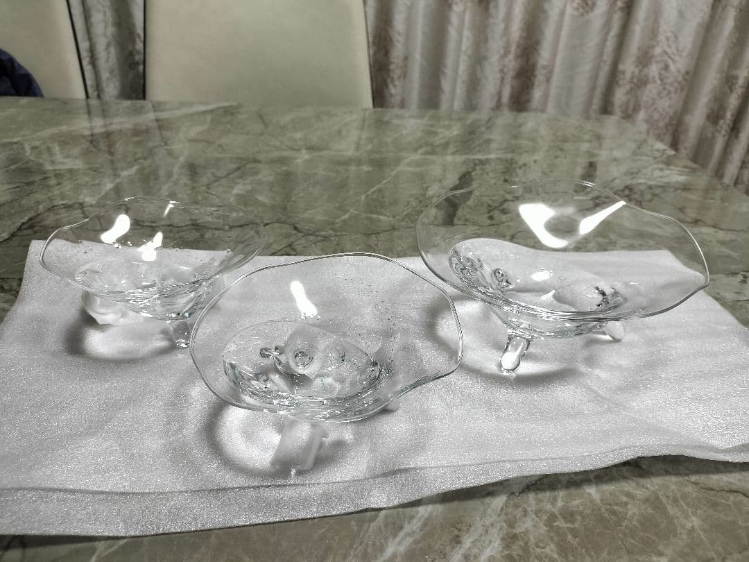 【未使用】杉江 智 クリアガラス製器 ３点セット 水色の気泡