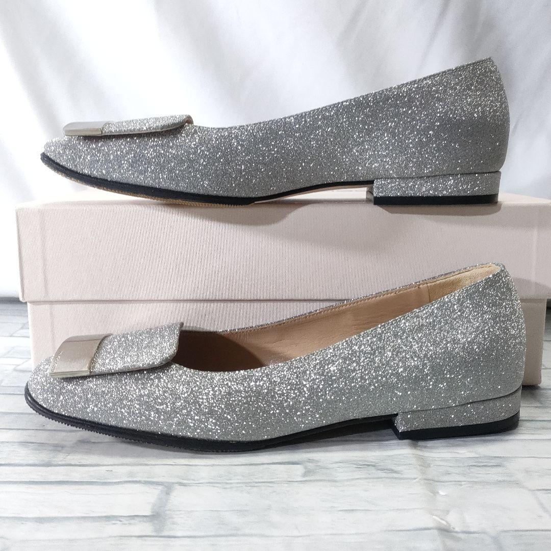 箱保存袋付き美品✨セルジオロッシ　グリッターフラットパンプス　シルバー　36.5