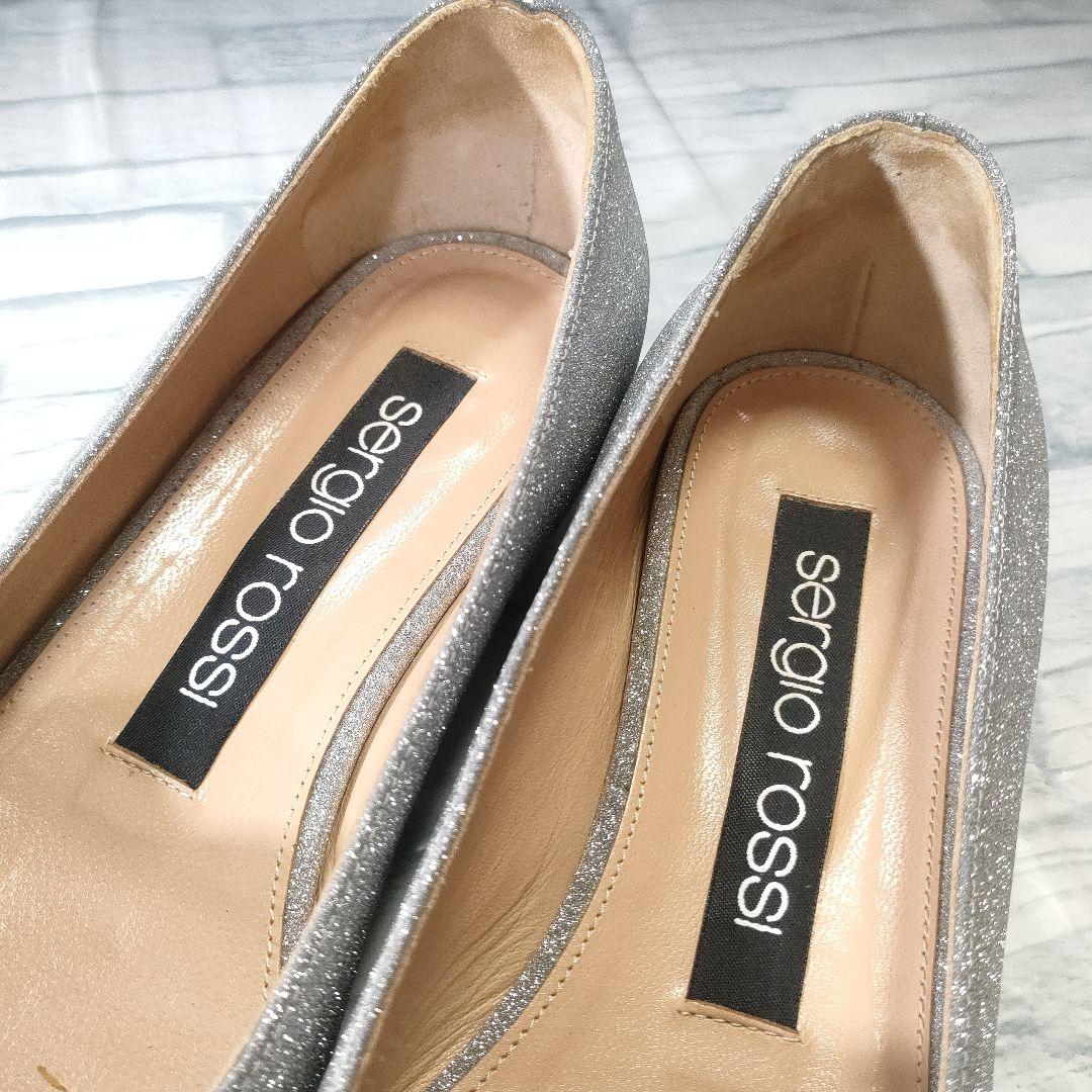 箱保存袋付き美品✨セルジオロッシ　グリッターフラットパンプス　シルバー　36.5