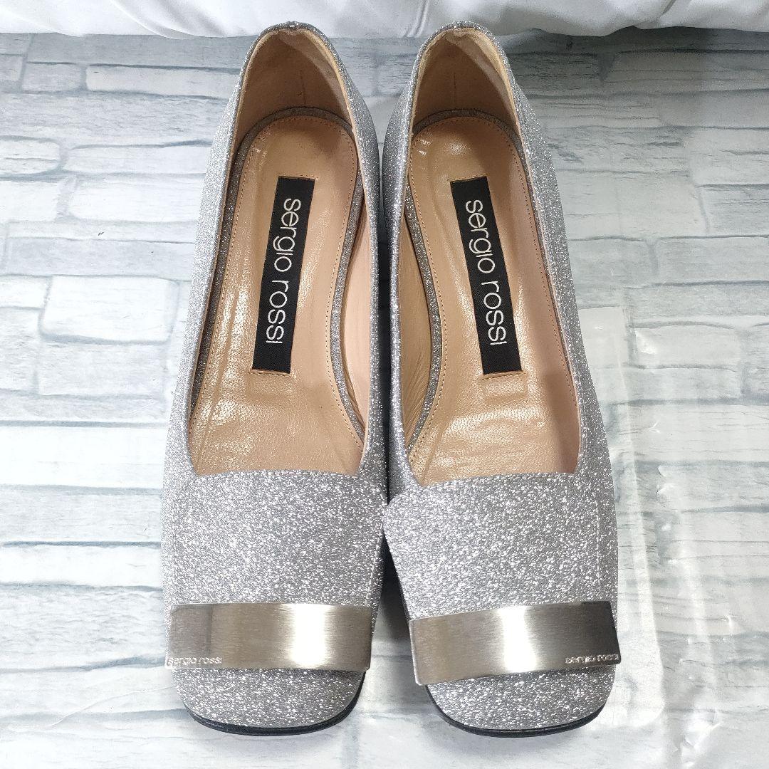 箱保存袋付き美品✨セルジオロッシ　グリッターフラットパンプス　シルバー　36.5