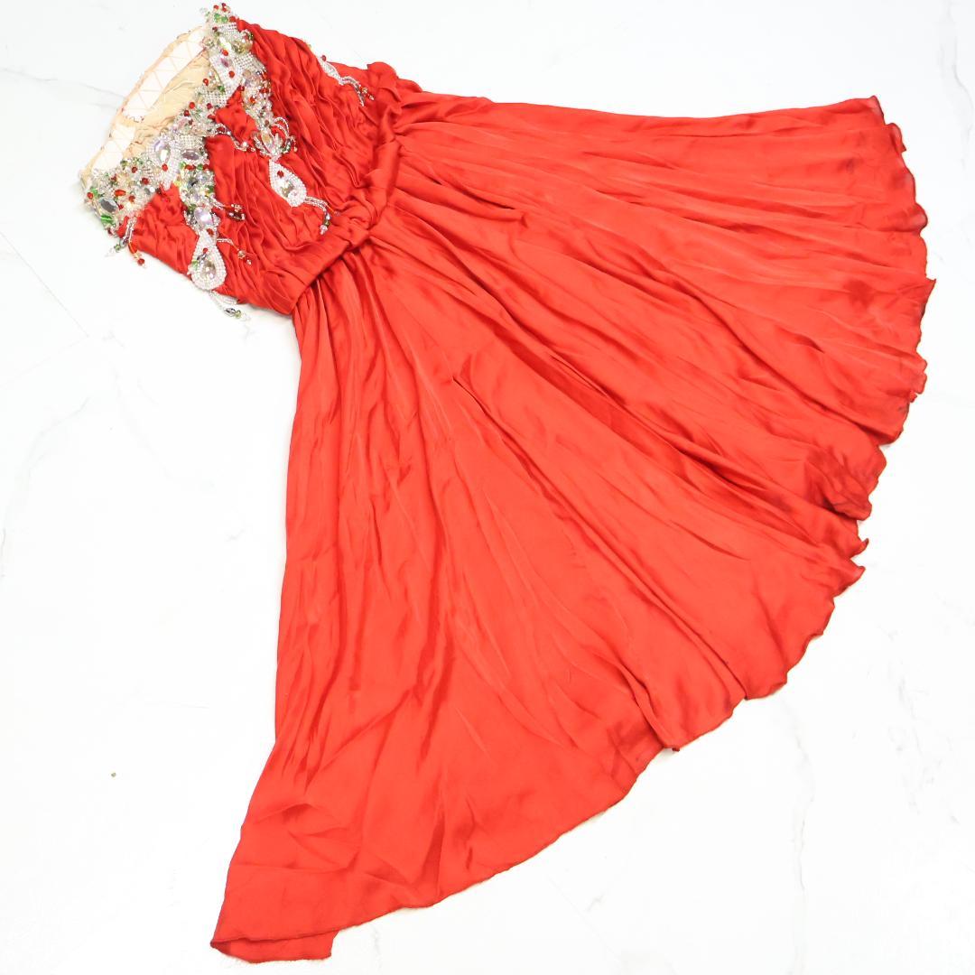 【ベリーダンス用 オリエンタル衣装】レッド ビジュー＆ラメ多数 セットアップ