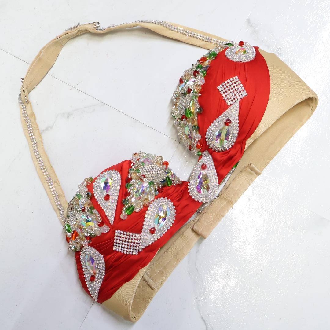 【ベリーダンス用 オリエンタル衣装】レッド ビジュー＆ラメ多数 セットアップ