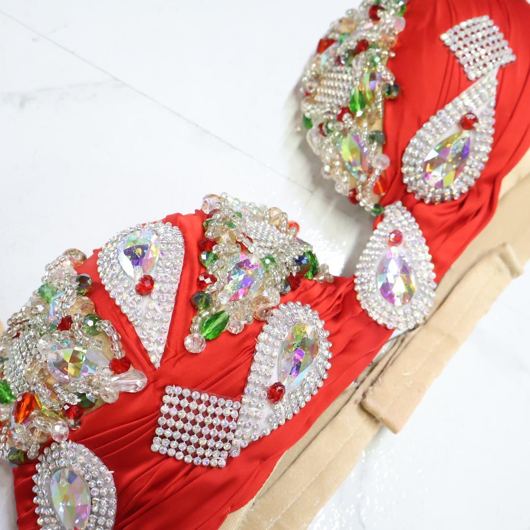 【ベリーダンス用 オリエンタル衣装】レッド ビジュー＆ラメ多数 セットアップ