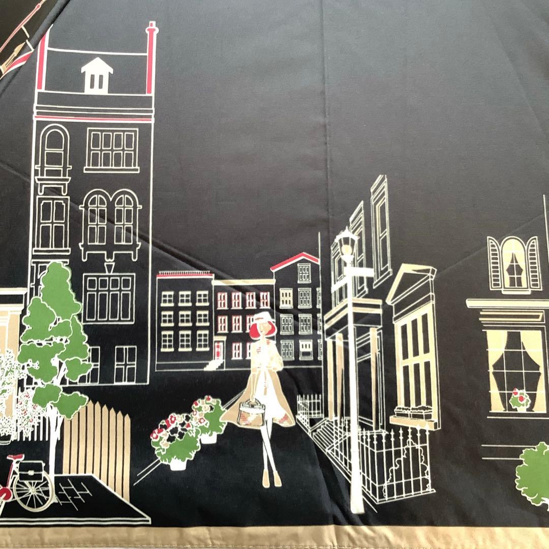 新品★DAKSダックス捺染プリントカラフル街並み柄晴雨兼用折りたたみ傘★日傘★黒