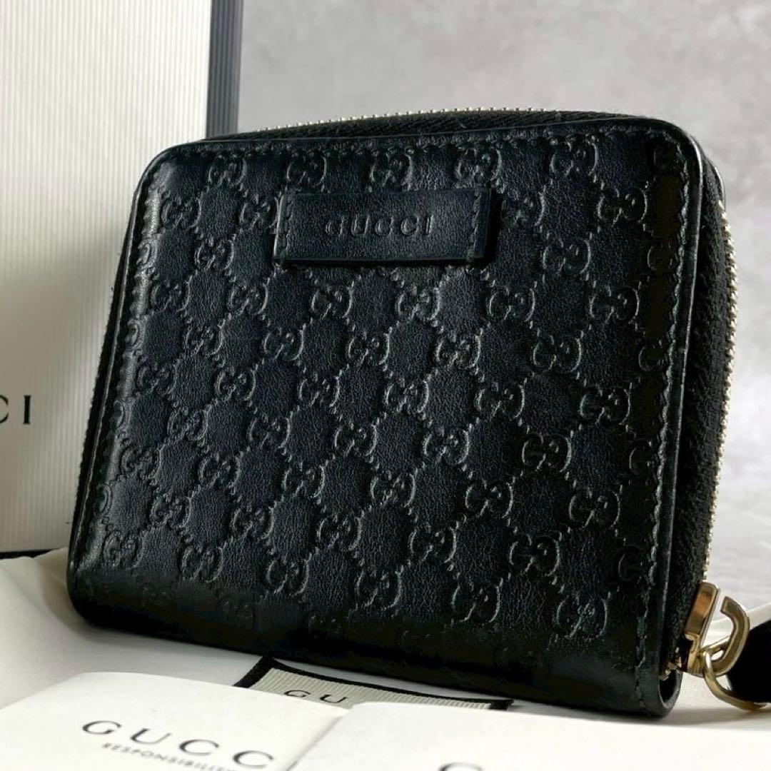 【美品 付属品完備】グッチ 折り財布 マイクロシマ gg レザー ブラック
