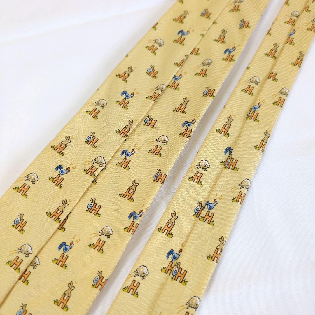 【美品】エルメス ネクタイ イエロー・オレンジ H柄 動物柄【フランス製】