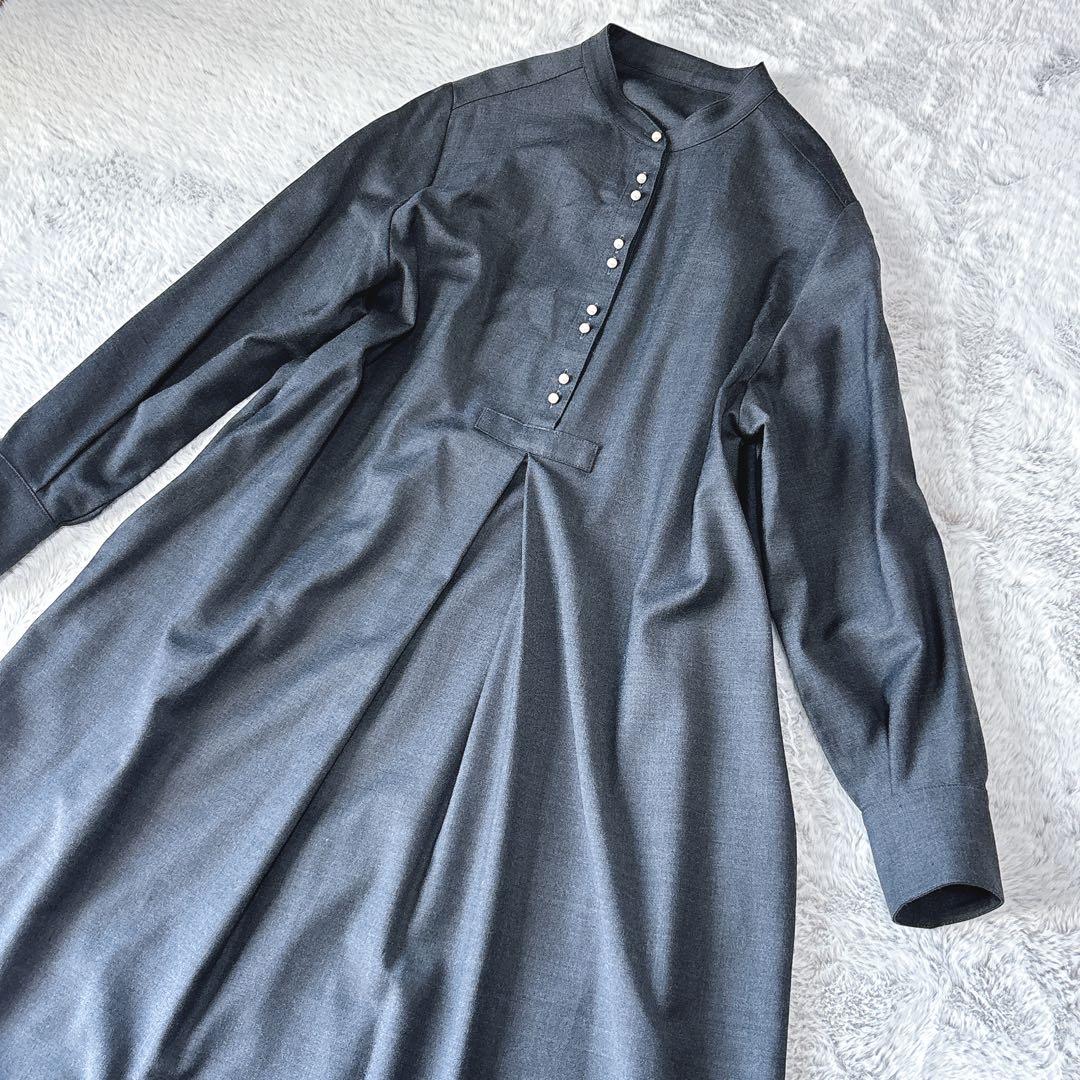 SHIPS ワンピ　ロング　パールモチーフボタンワンピース グレー　ウール　38