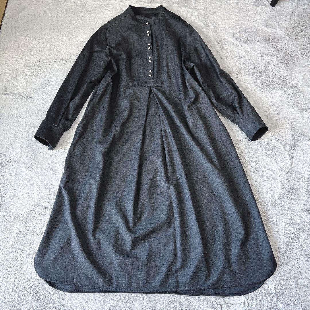 SHIPS ワンピ　ロング　パールモチーフボタンワンピース グレー　ウール　38