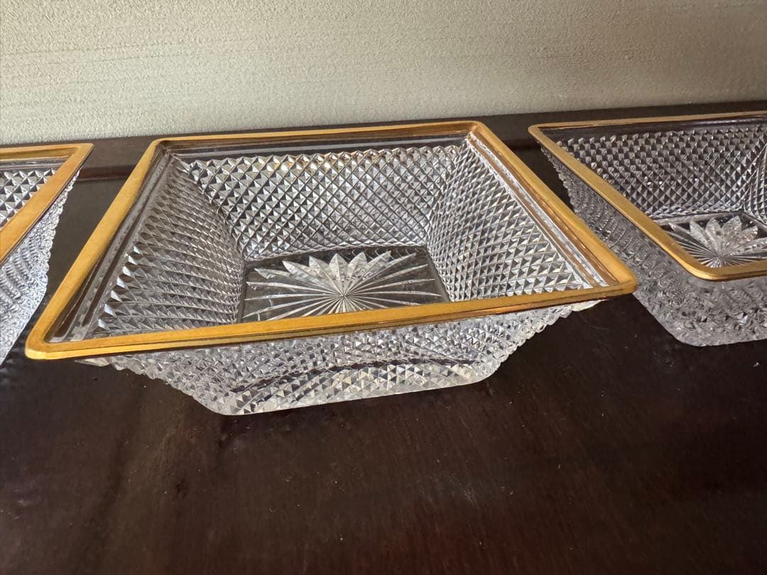 江戸切子　金彩ダイヤ文角平鉢　3客 堀口硝子