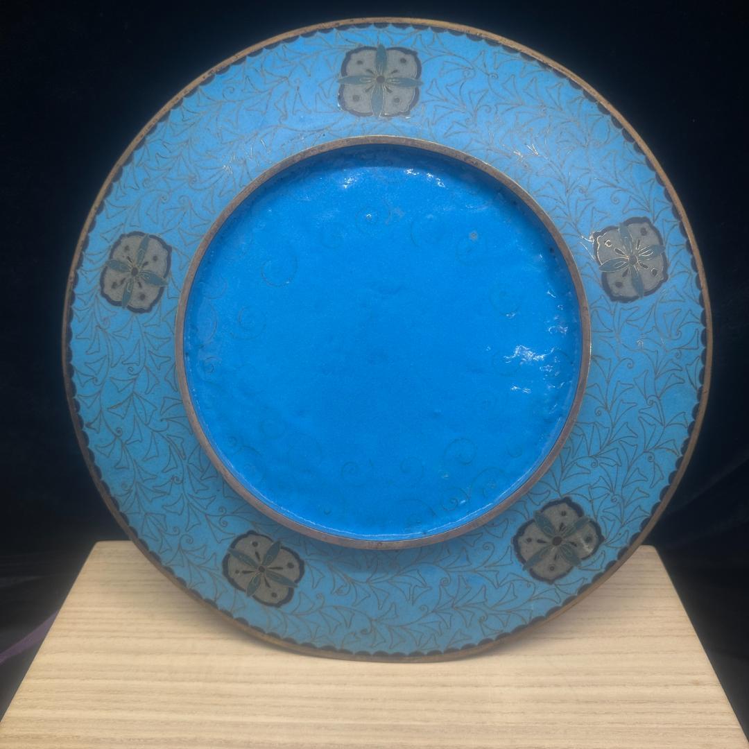 中国　景泰藍焼　七宝 牡丹鷹雀花鳥文飾皿