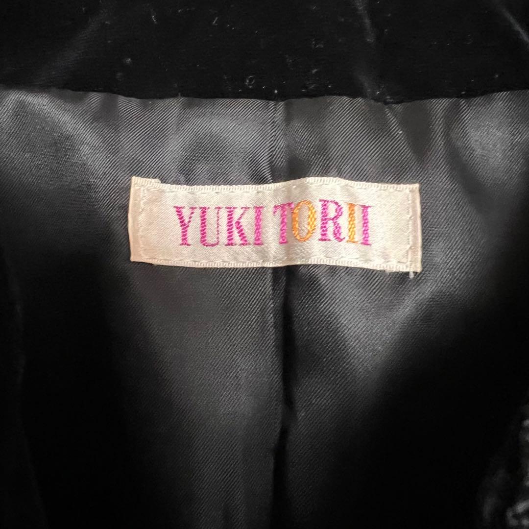 (希少)ユキトリイ　ノーカラーベロアジャケット　金刺繍　パール　グロップド丈　黒