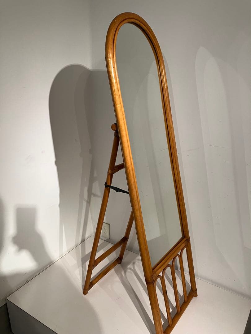 オールド　ラタン　スタンドミラー、折りたたみ、レトロ、和モダン、姿見、鏡、