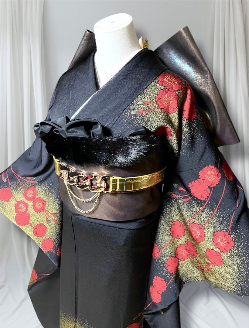 チャコールグレー 梅 ファーショール付き 振袖 フルセット 成人式