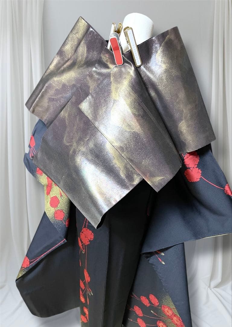 チャコールグレー 梅 ファーショール付き 振袖 フルセット 成人式