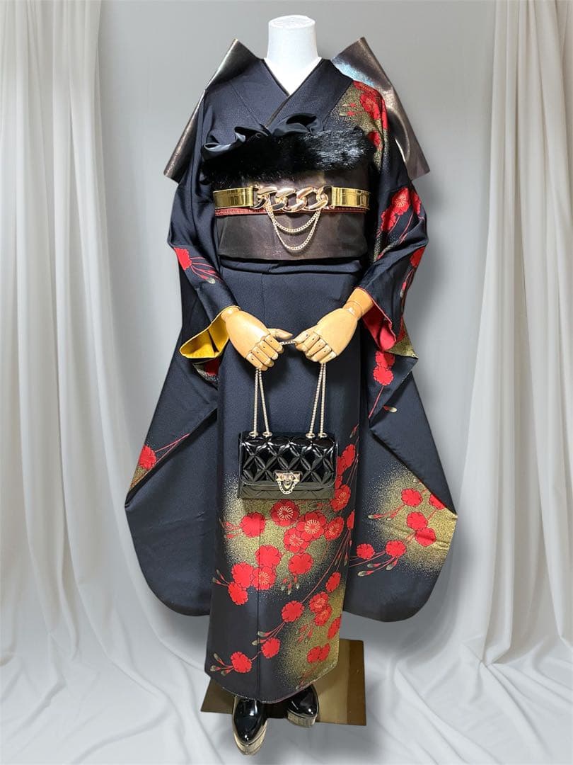 チャコールグレー 梅 ファーショール付き 振袖 フルセット 成人式