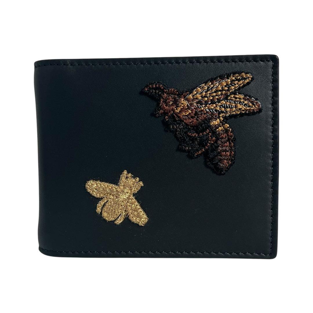 希少 新品✨グッチ マネークリップ アニマリエ ビー 刺繍 レザー ブラック