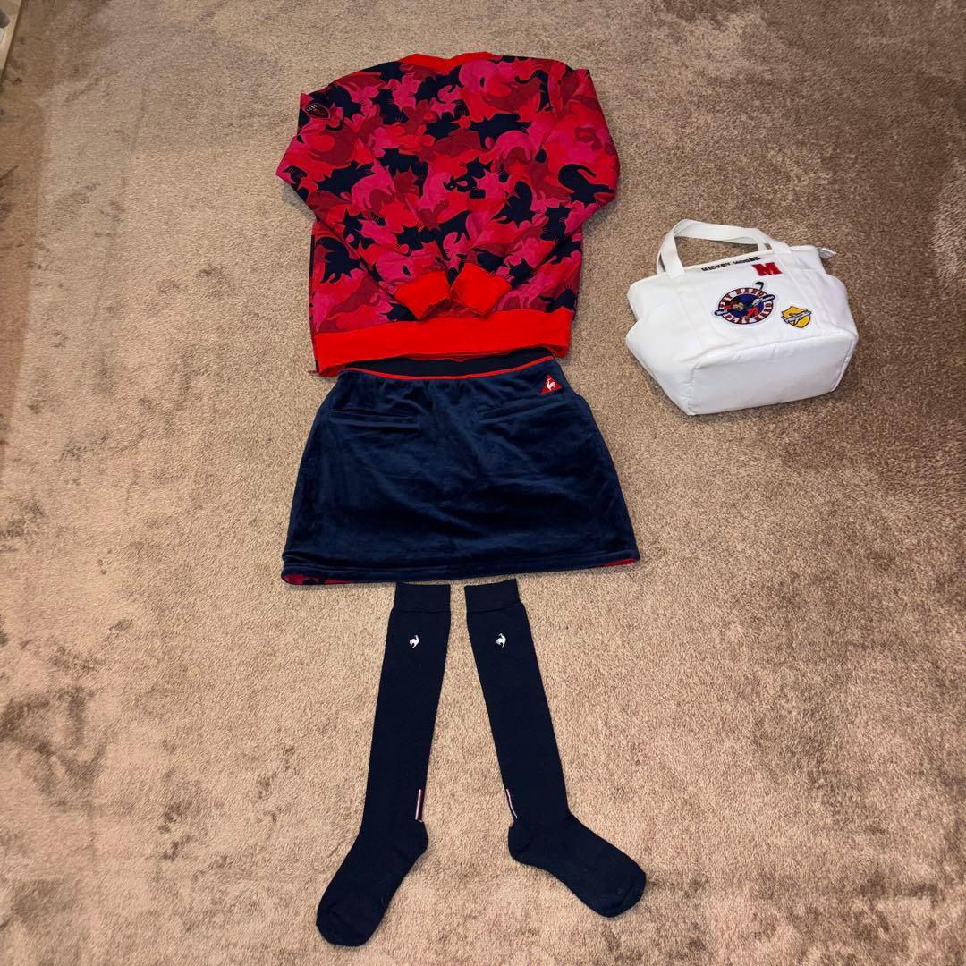 ルコックゴルフ4WAY猫柄/赤中綿スニードと猫柄/紺色中綿スカートセットアップM