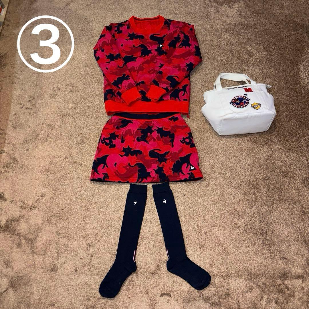 ルコックゴルフ4WAY猫柄/赤中綿スニードと猫柄/紺色中綿スカートセットアップM