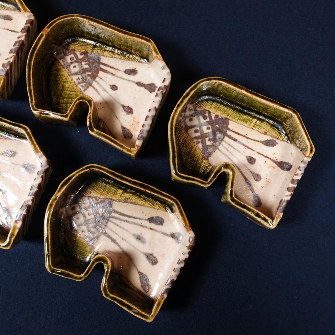 玉置保夫 織部向付 5客 共箱 岐阜県重要無形文化財