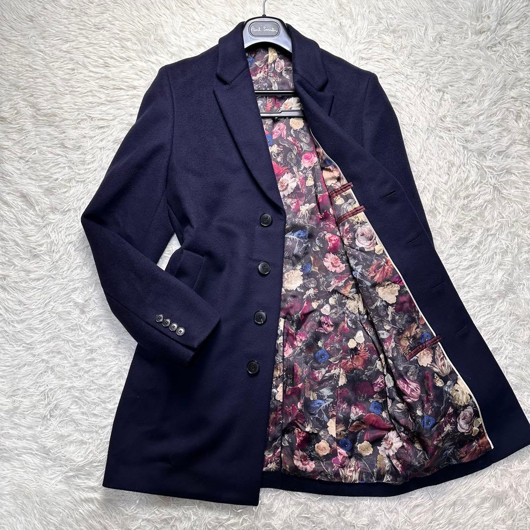 現行 極美品 ポールスミス 全面薔薇柄 ネイビー チェスターコート M