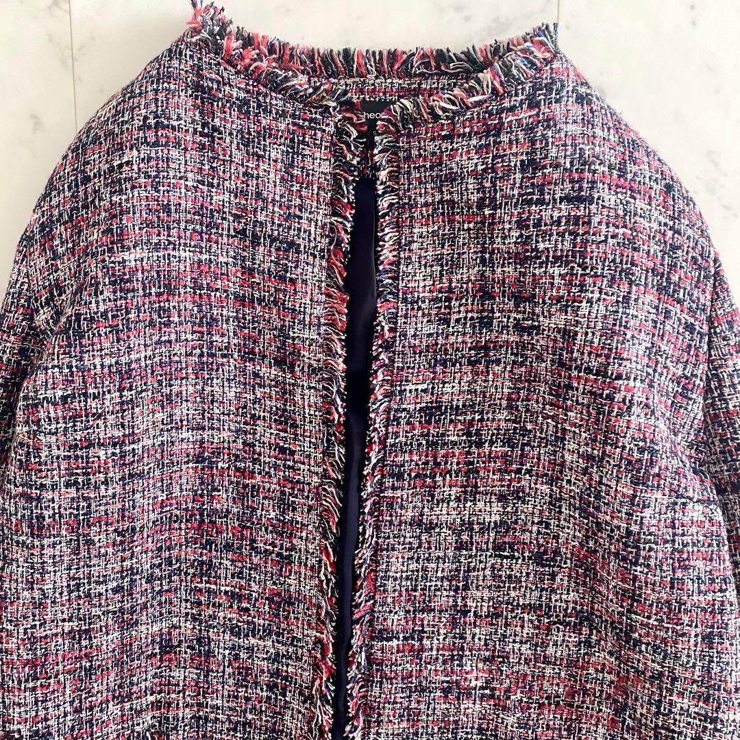 極美品 セオリーTheory ノーカラーツイードコート ネイビー×レッドマルチ