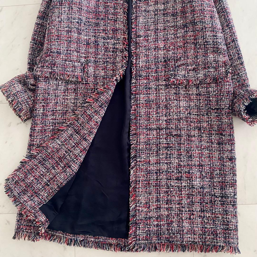 極美品 セオリーTheory ノーカラーツイードコート ネイビー×レッドマルチ