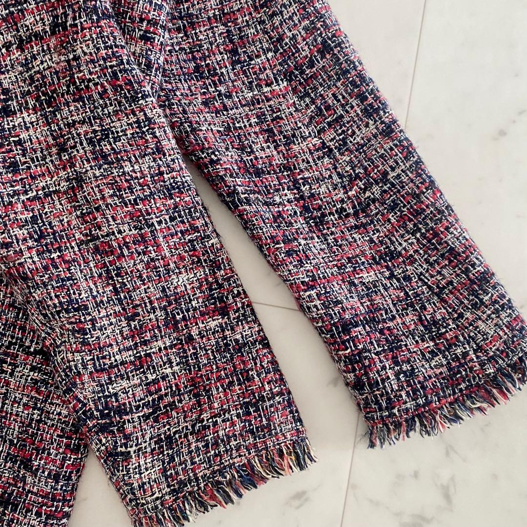 極美品 セオリーTheory ノーカラーツイードコート ネイビー×レッドマルチ