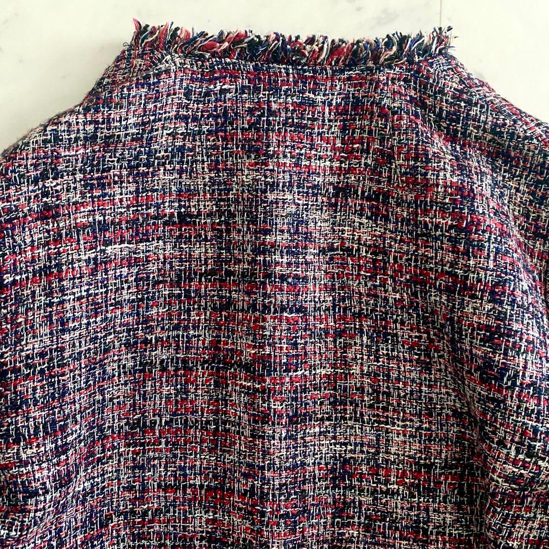 極美品 セオリーTheory ノーカラーツイードコート ネイビー×レッドマルチ