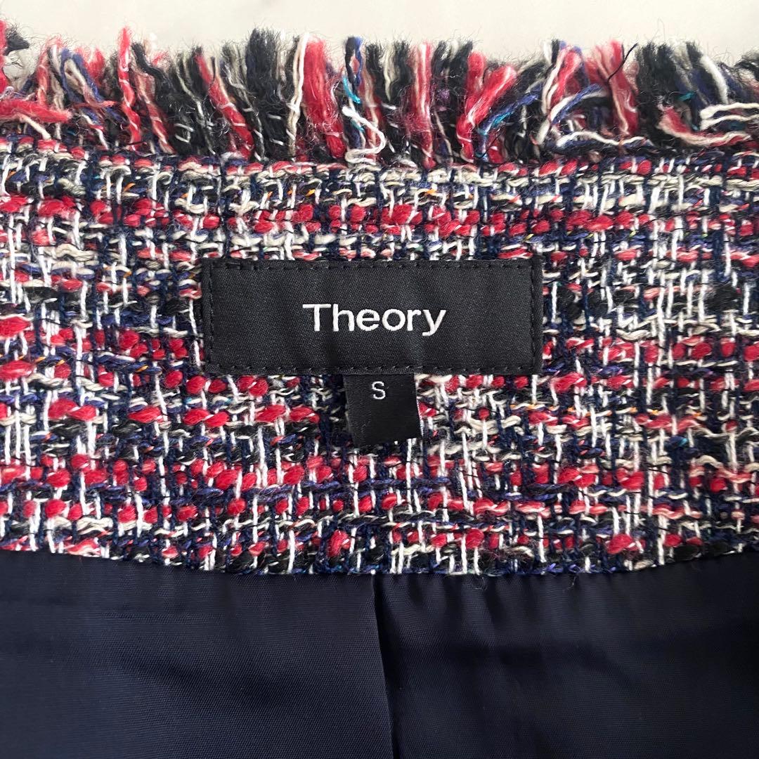 極美品 セオリーTheory ノーカラーツイードコート ネイビー×レッドマルチ