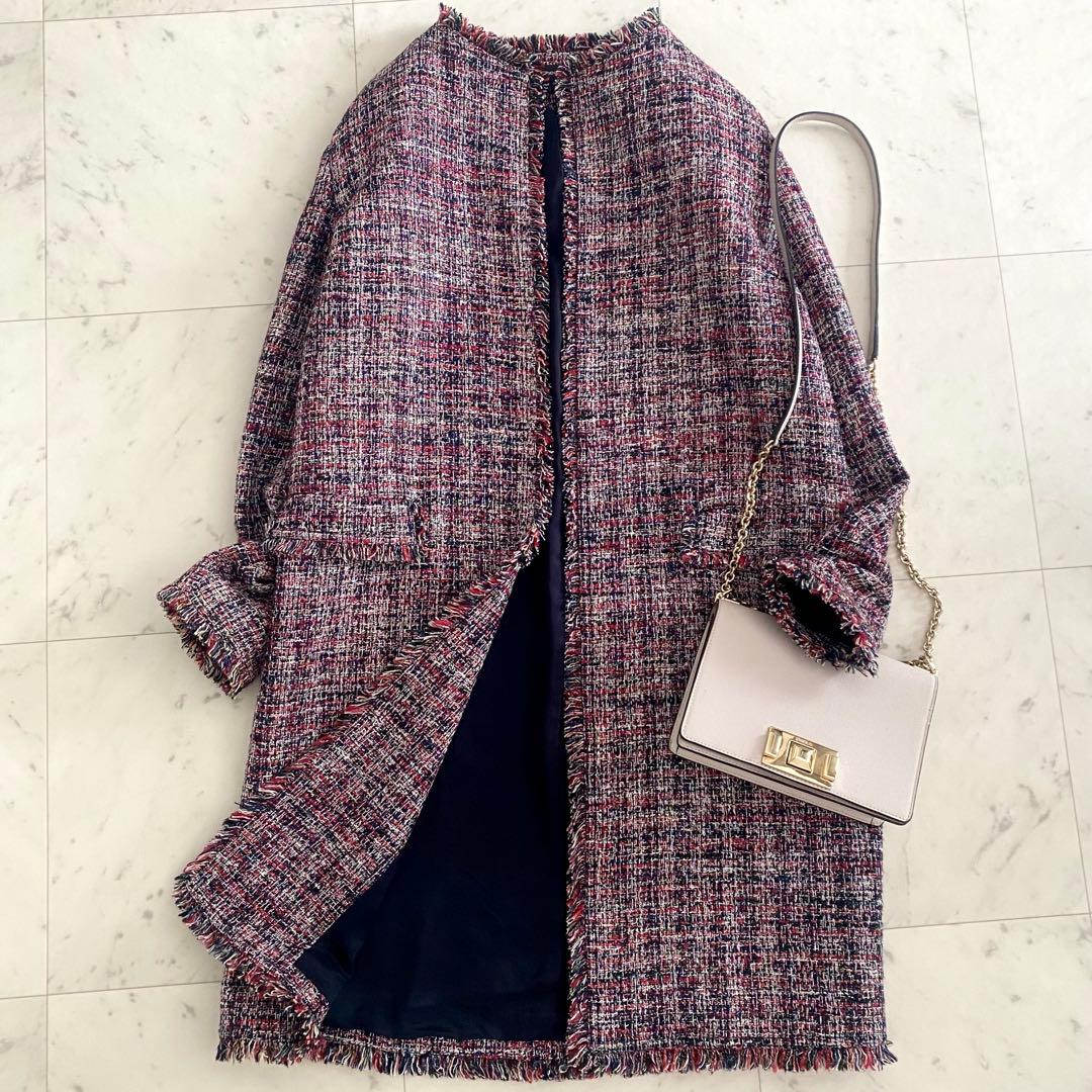 極美品 セオリーTheory ノーカラーツイードコート ネイビー×レッドマルチ