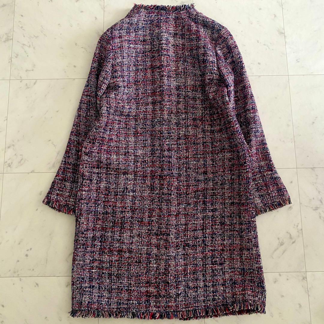 極美品 セオリーTheory ノーカラーツイードコート ネイビー×レッドマルチ