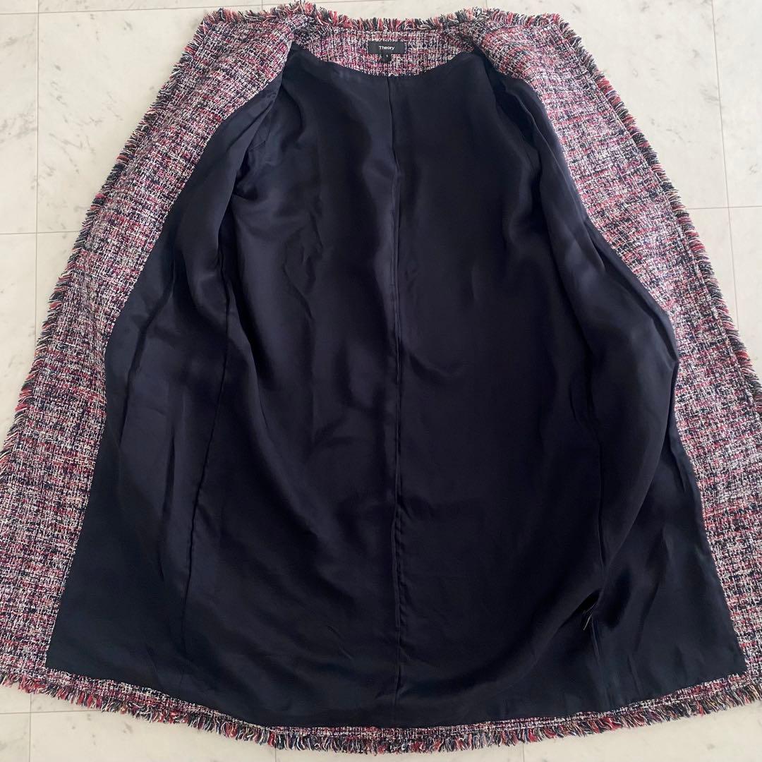 極美品 セオリーTheory ノーカラーツイードコート ネイビー×レッドマルチ