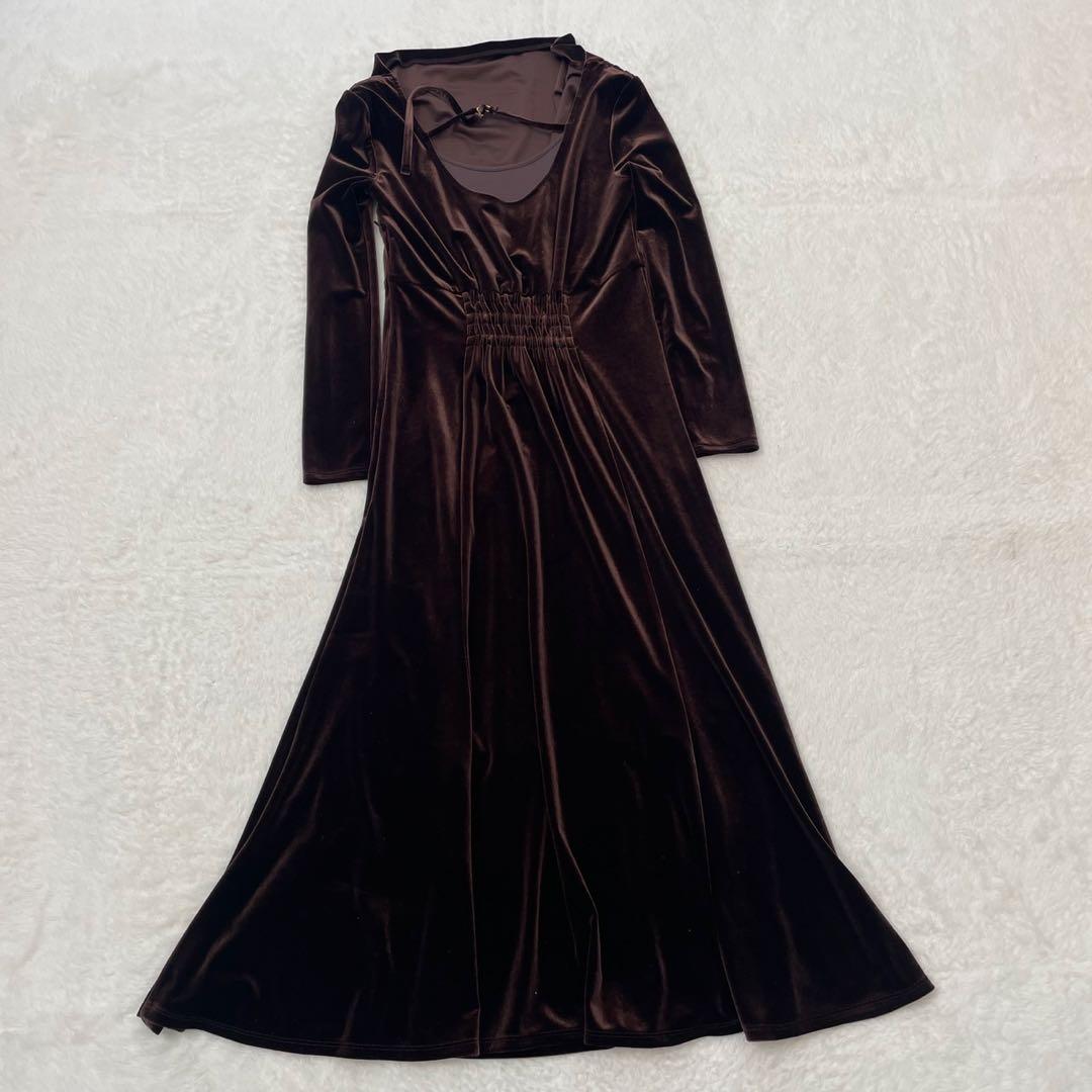 美品　Noela ノエラ ドレープベロアワンピース ブラウン ロング丈 結婚式