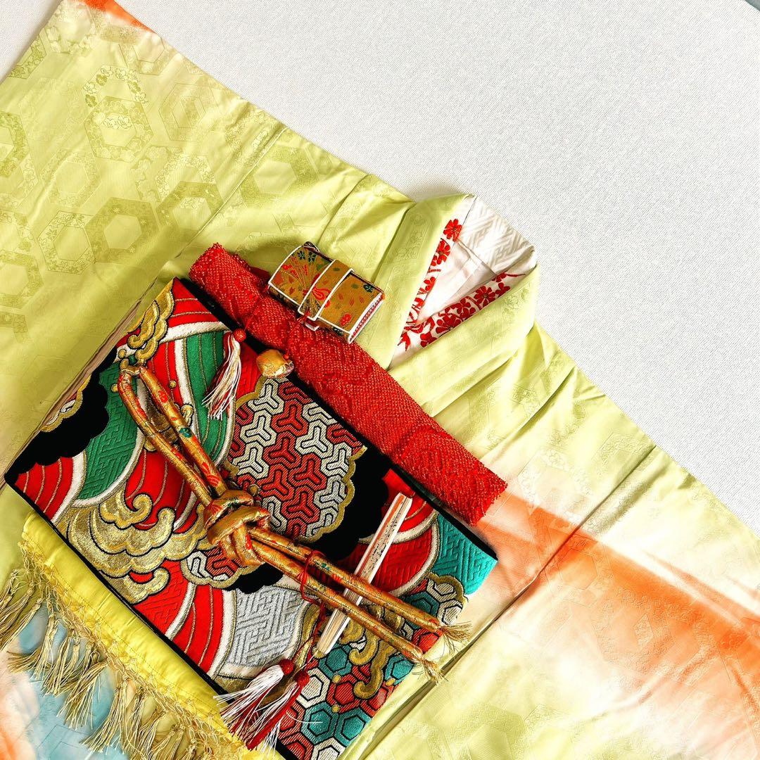 七五三　７歳フルセット　長着＆帯＆長襦袢＆草履＆バッグ＆小物セット　レモンイエロ