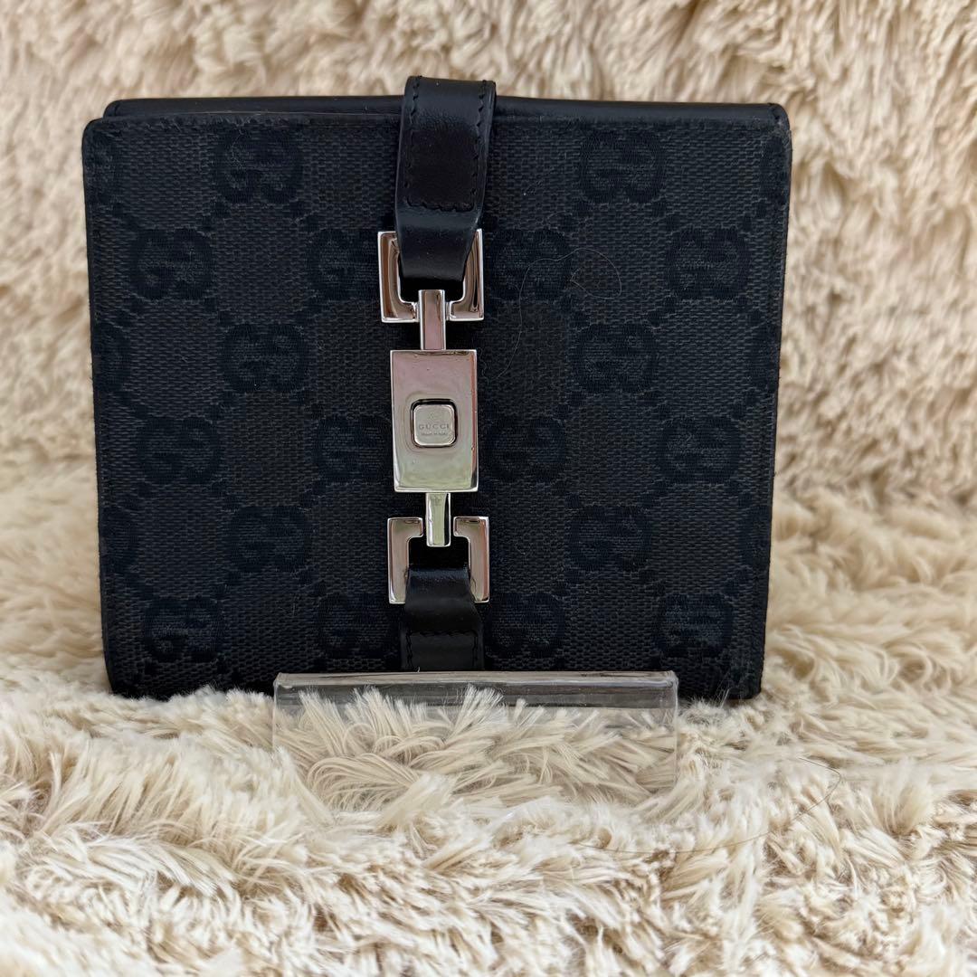 ✨美品✨グッチ　ジャッキー　折りたたみ　財布　キャンバス　レザー　ブラック