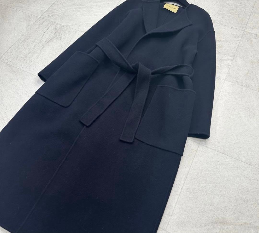 【ユナイテッドアローズ】ダブルフェイス ノーカラー リバー コート 紺 38