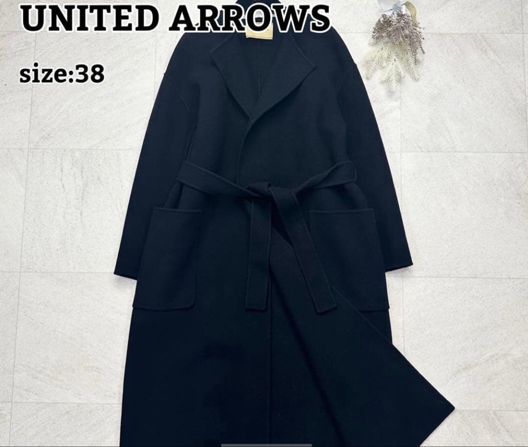 【ユナイテッドアローズ】ダブルフェイス ノーカラー リバー コート 紺 38