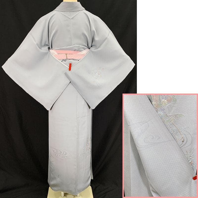 601mh53☆付下げ スワトウ刺繍 シンプル 水辺に花車 灰青☆しつけ付き美品