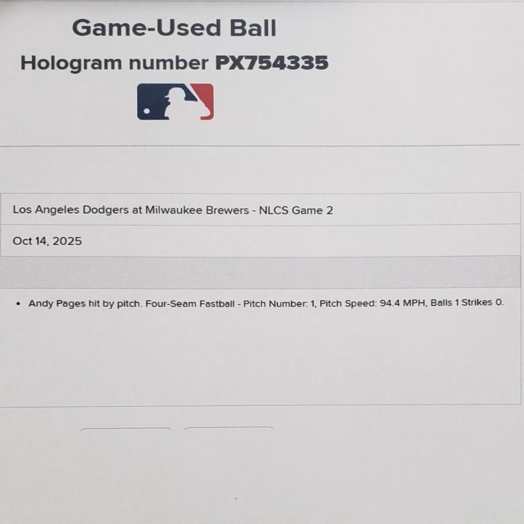 【Andy Papes】◆『ドジャース パヘスがデッドボールとなった実使用球』◆