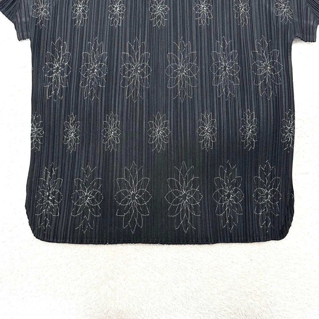 美品 PLEATS PLEASE 花柄 刺繍 ハイネック カットソー 黒 3