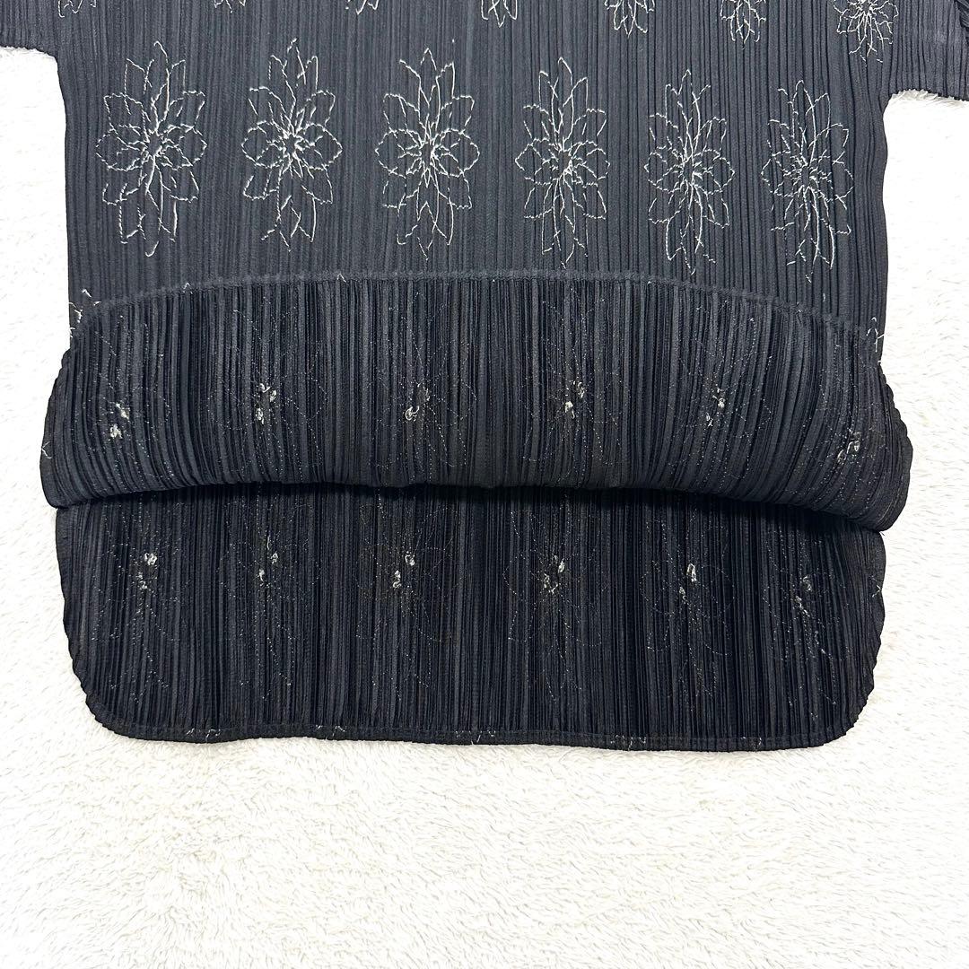 美品 PLEATS PLEASE 花柄 刺繍 ハイネック カットソー 黒 3