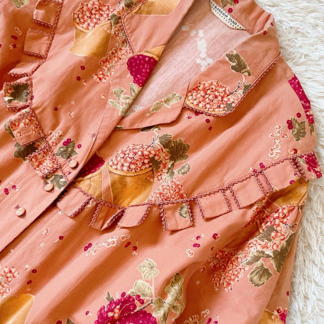 カネコイサオ ヴィンテージ 花柄 総柄 フルーツ ロングワンピ サーモンピンク