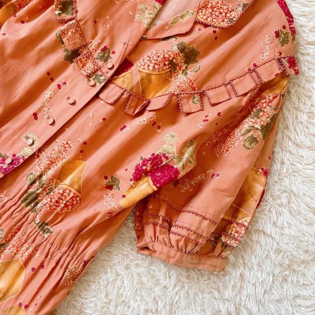 カネコイサオ ヴィンテージ 花柄 総柄 フルーツ ロングワンピ サーモンピンク