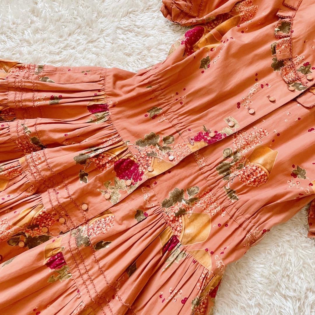 カネコイサオ ヴィンテージ 花柄 総柄 フルーツ ロングワンピ サーモンピンク