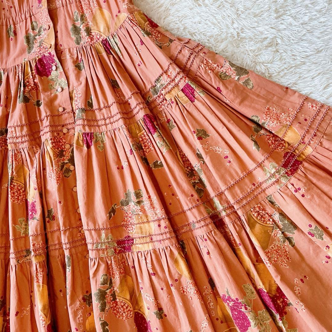 カネコイサオ ヴィンテージ 花柄 総柄 フルーツ ロングワンピ サーモンピンク