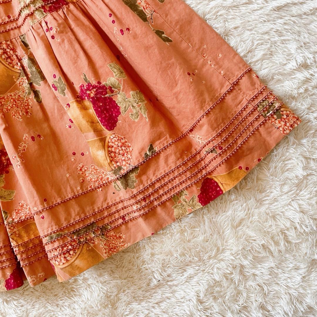 カネコイサオ ヴィンテージ 花柄 総柄 フルーツ ロングワンピ サーモンピンク