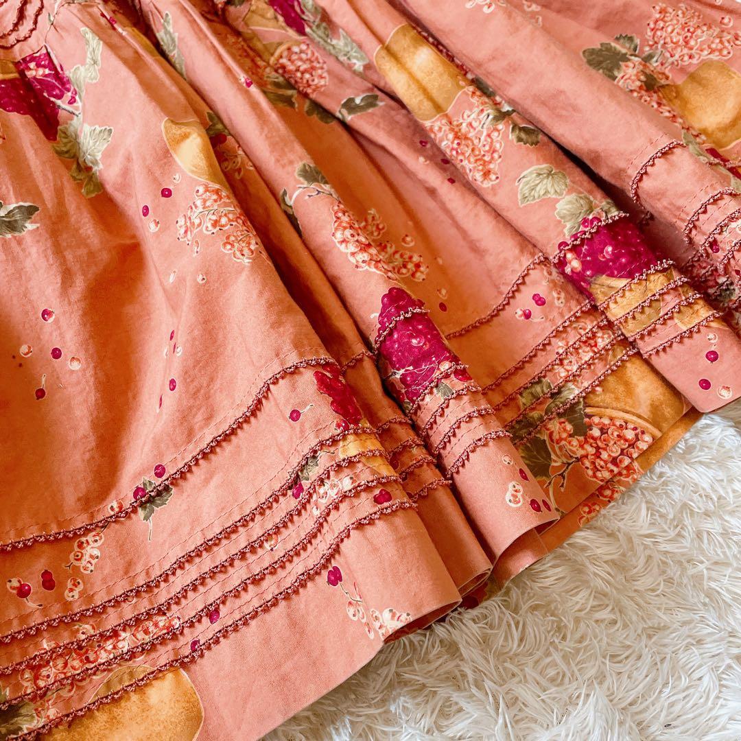 カネコイサオ ヴィンテージ 花柄 総柄 フルーツ ロングワンピ サーモンピンク