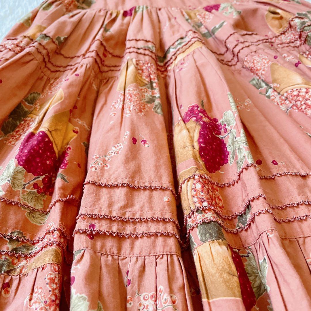 カネコイサオ ヴィンテージ 花柄 総柄 フルーツ ロングワンピ サーモンピンク